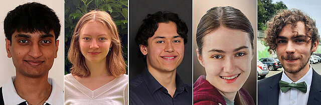 Portraits der fünf Studierenden der Physik oder Medizinischen Physik, die 2025 ein Stipendium erhalten.