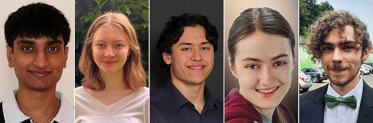 Portraits der fünf Studierenden der Physik oder Medizinischen Physik, die 2025 ein Stipendium erhalten.